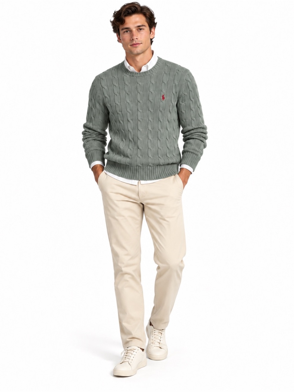 Polo Ralph Lauren Men’s Sage Green Cable Knit Crewneck Cotton Sweater S